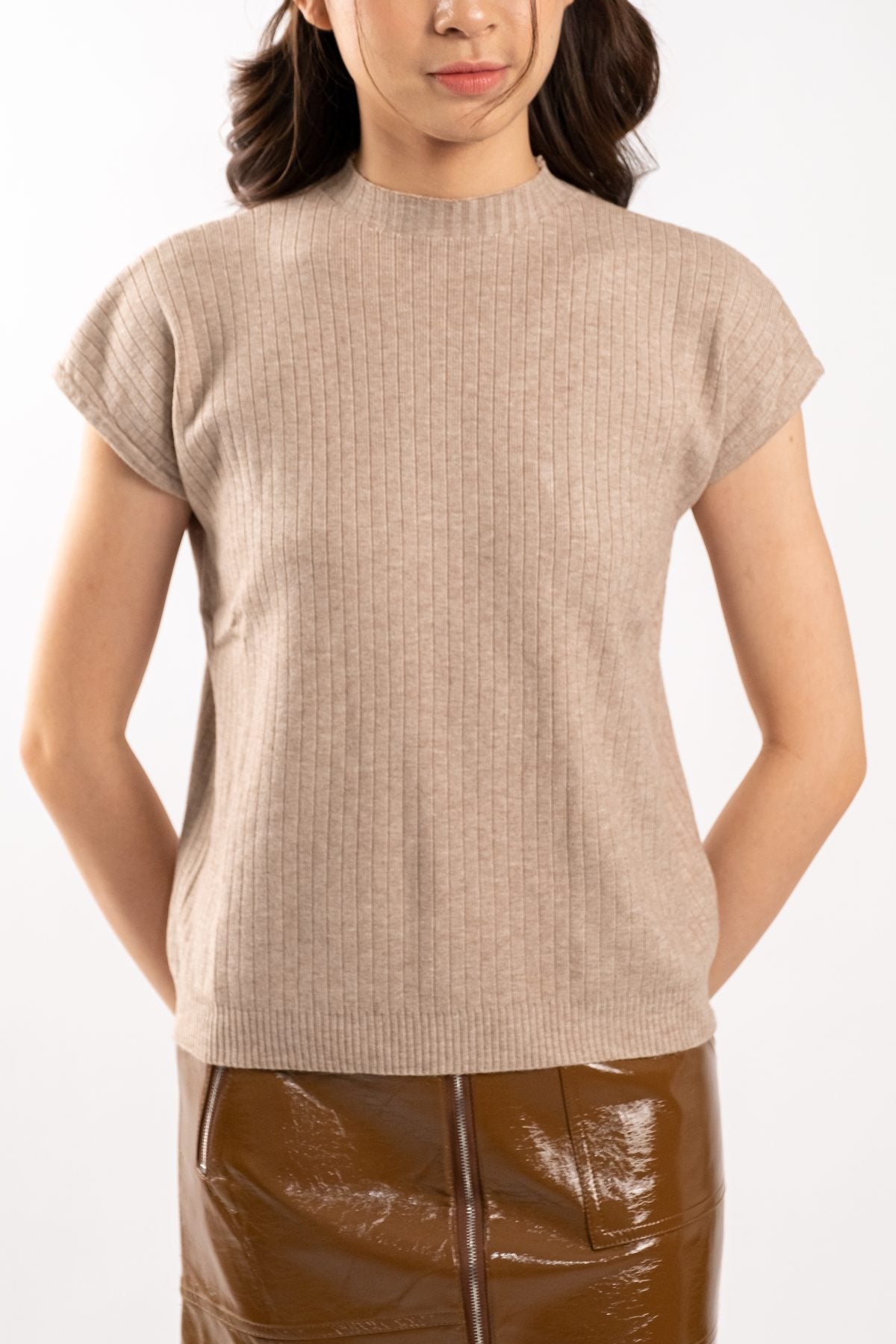 Luna Mock Neck Knit Top (Brown)
