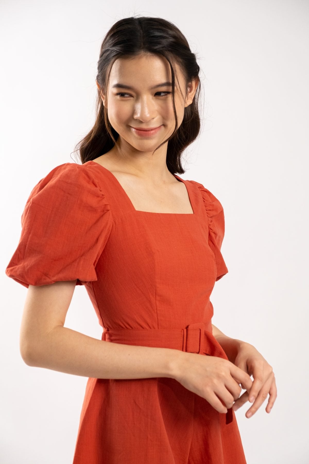 Cade Puff Sleeve Romper (Brick Red)