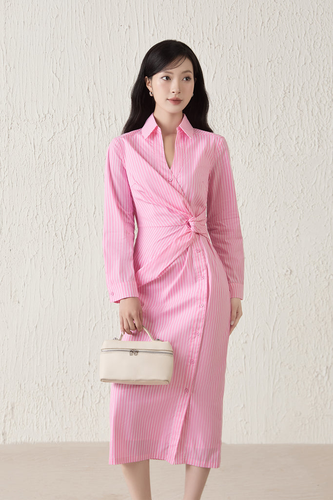 Capri Collar Twist Knot Shirt Dress - Pink Stripes