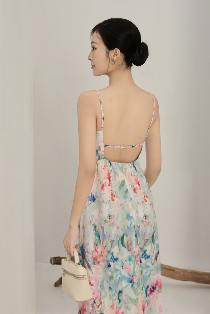 Bianca Padded Watercolour Strap Back Maxi Dress