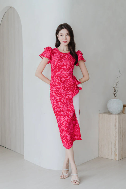 Daphne Cap Sleeves Ruffle Slit Dress - Red