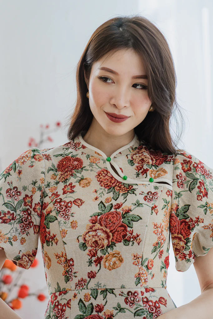 [ETA Mid March After CNY ]Back Order: 金玉满堂 Jinyu Jacquard Overlap Cheongsam - Vintage Floral