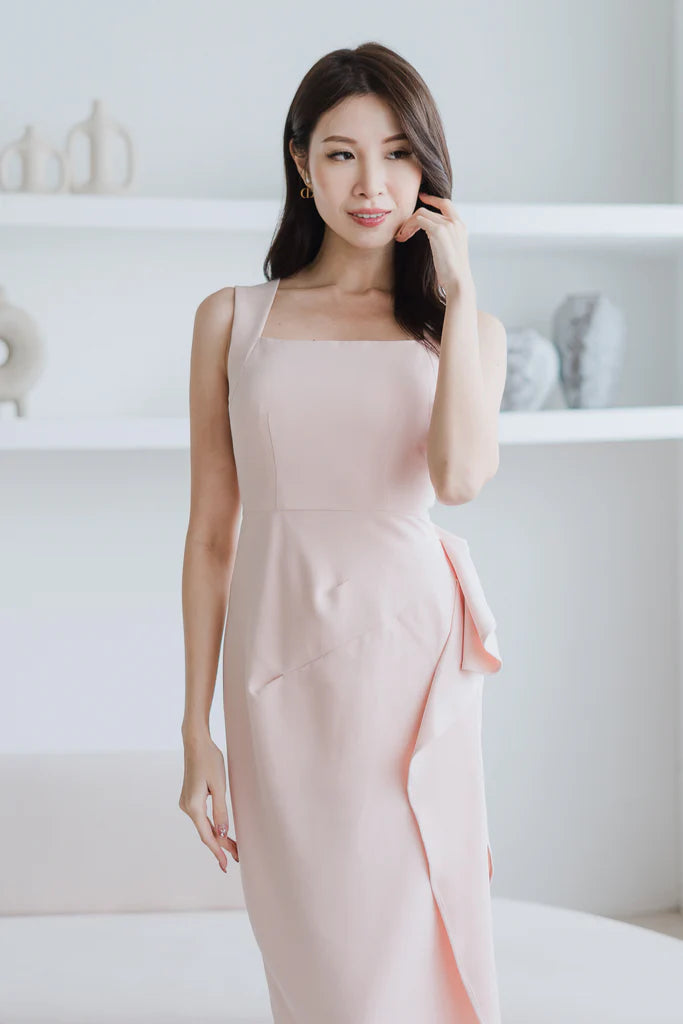 Riviera Square Neck Ruffle Slit Dress - Nude Pink