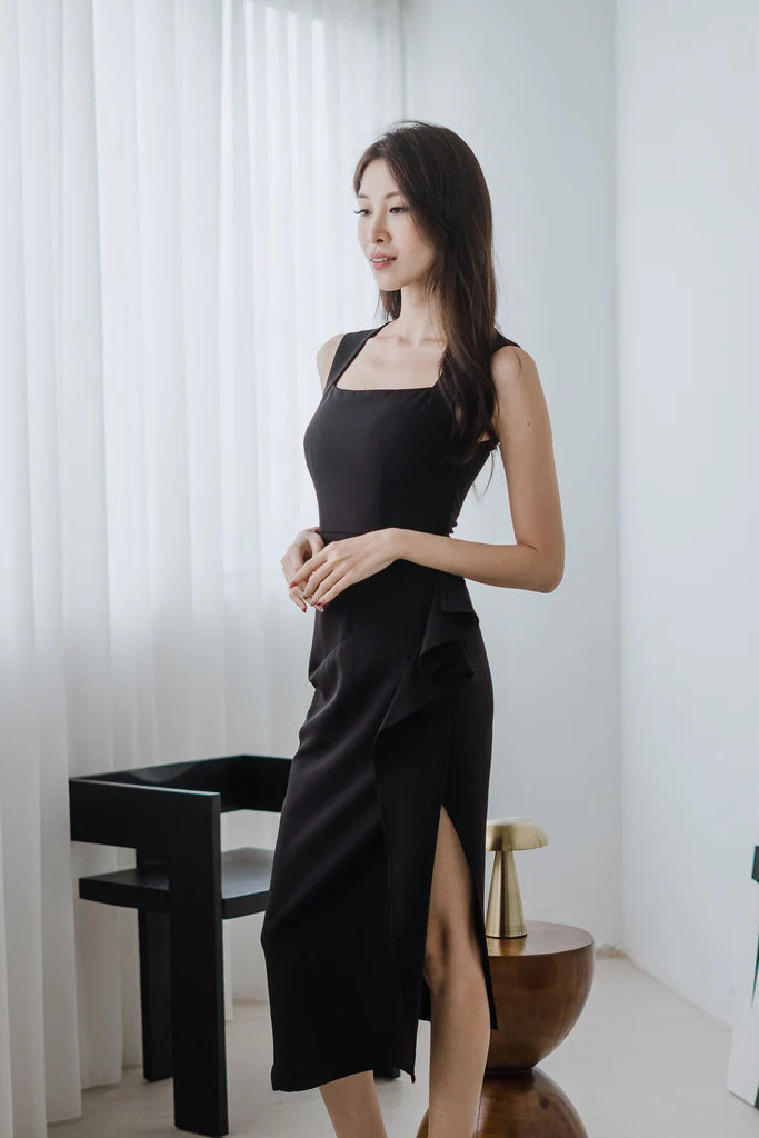 Riviera Square Neck Ruffle Slit Dress - Black