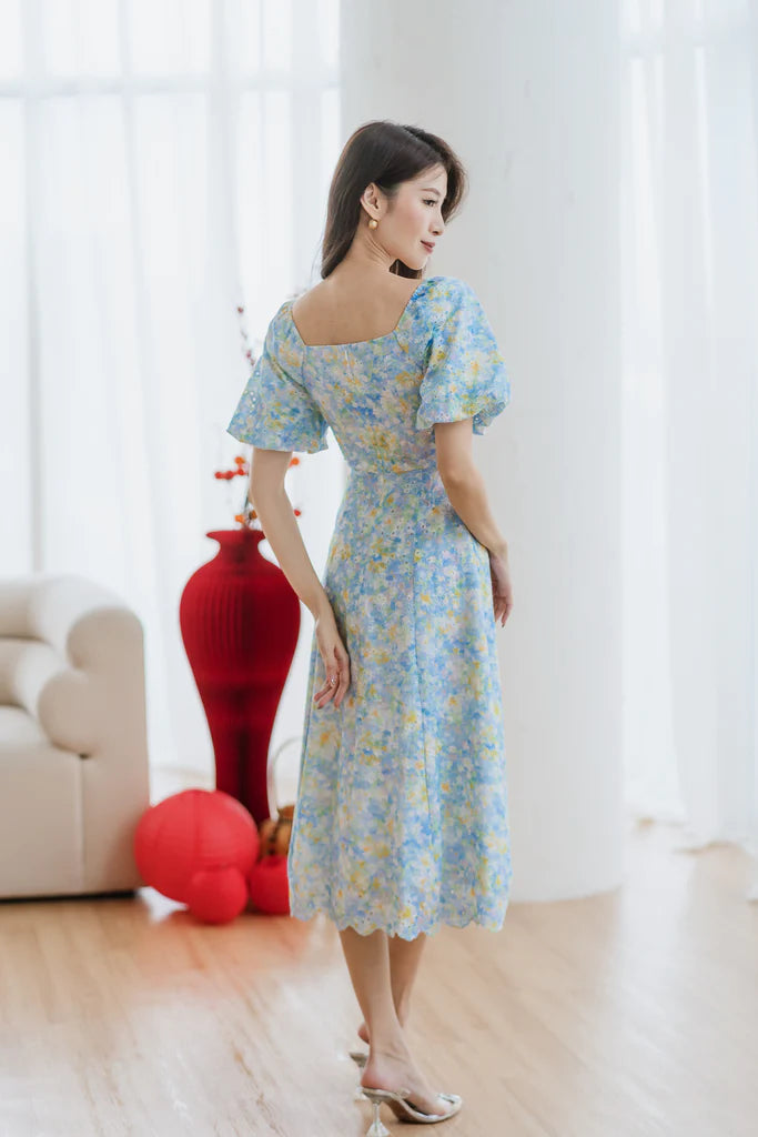 Lunar Eyelet Puffy Sleeves Slit Dress - Moonriver