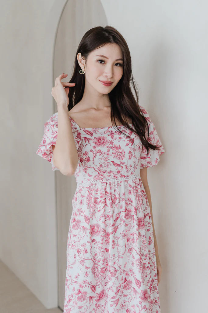 House of Bloom Lattice Insert Puffy Sleeves Midi Dress - Red Porcelain