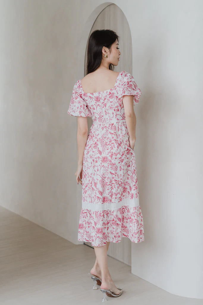 House of Bloom Lattice Insert Puffy Sleeves Midi Dress - Red Porcelain