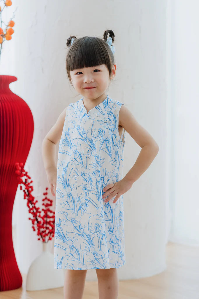 Mini 乐 Joyous Emboss Mommy Cheongsam - Blue Porcelain