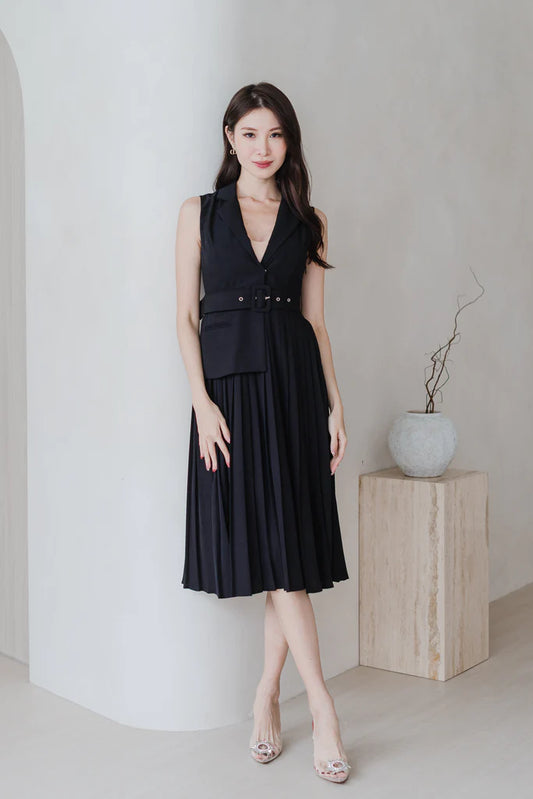 Amber Waistcoat Pleated Dress - Black