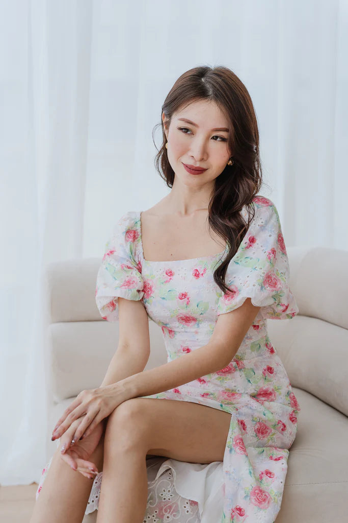 Lunar Eyelet Puffy Sleeves Slit Dress - Misty Rose