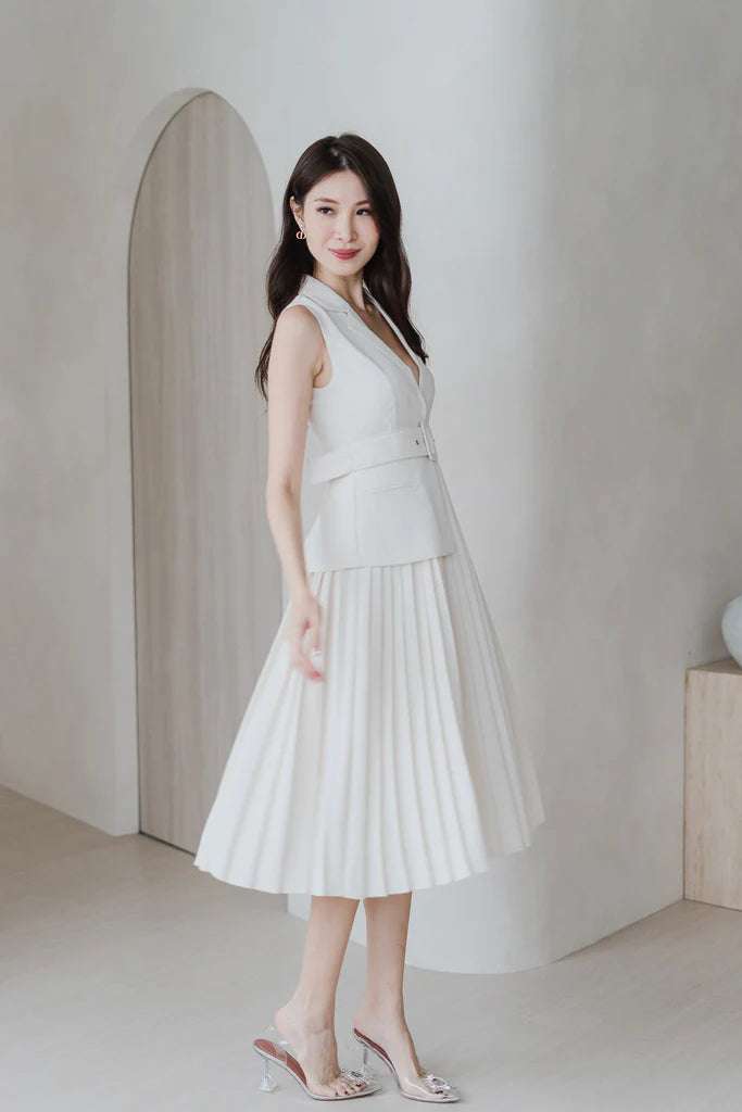 Amber Waistcoat Pleated Dress - Bone