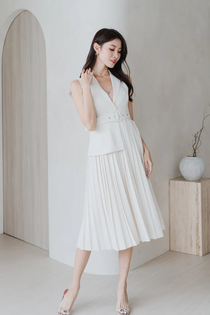 Amber Waistcoat Pleated Dress - Bone