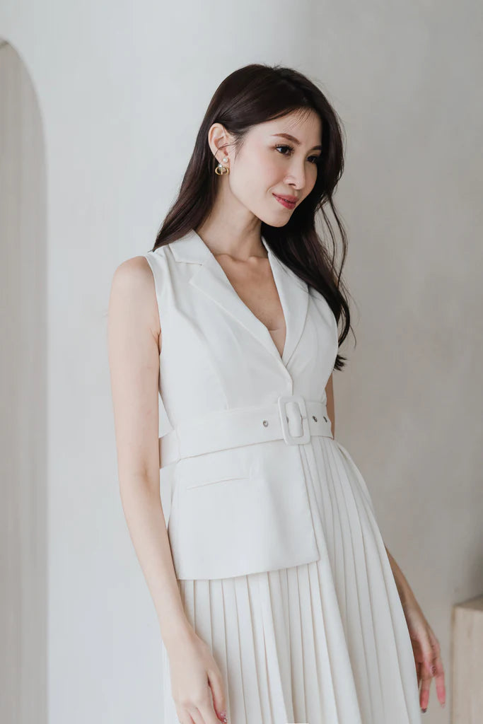 Amber Waistcoat Pleated Dress - Bone