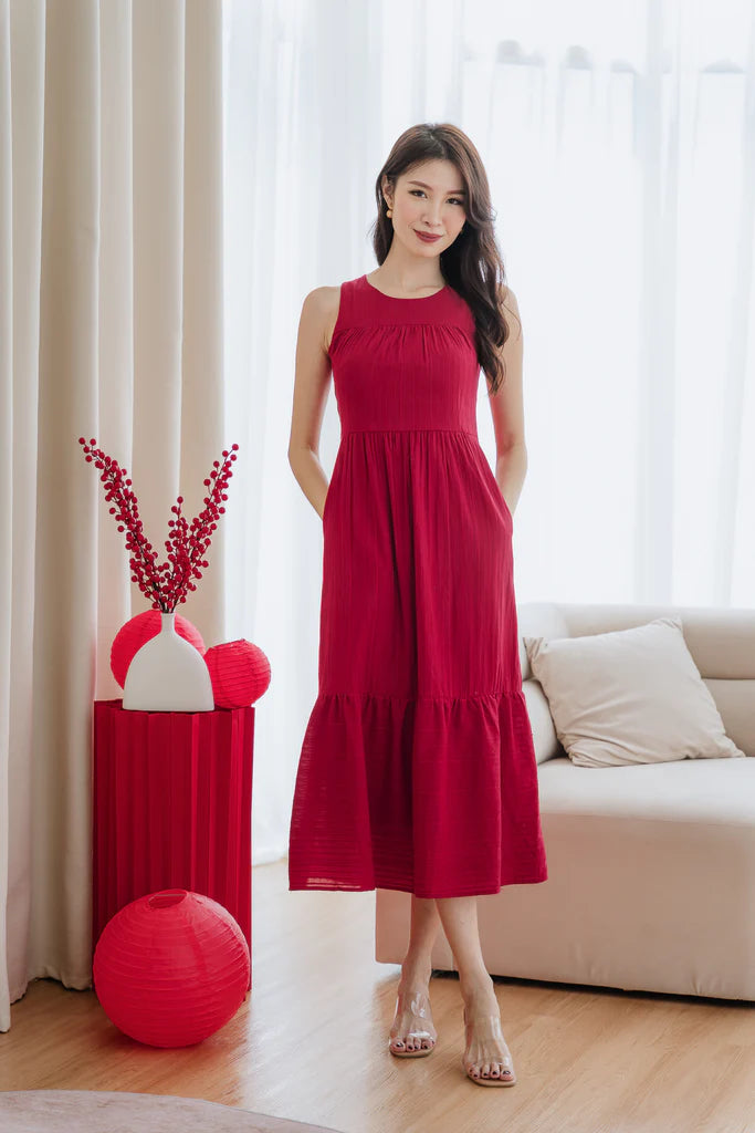 Colina Lattice Eyelet Tier Maxi Dress - Red