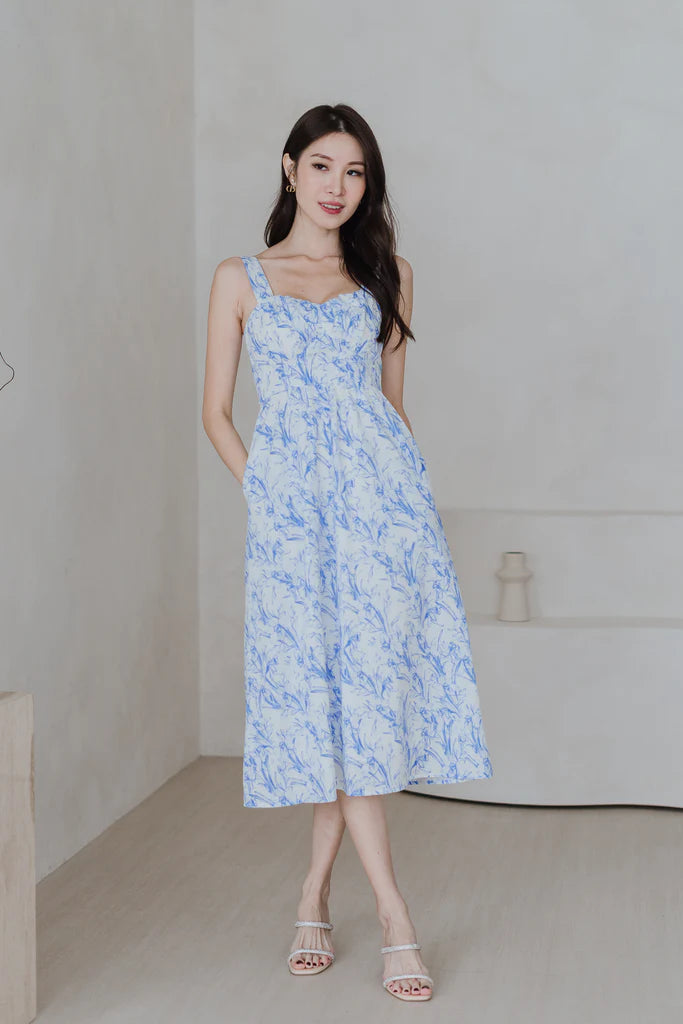 Cherrie-Bloom Emboss Porcelain Bustier Midi Dress - Blue