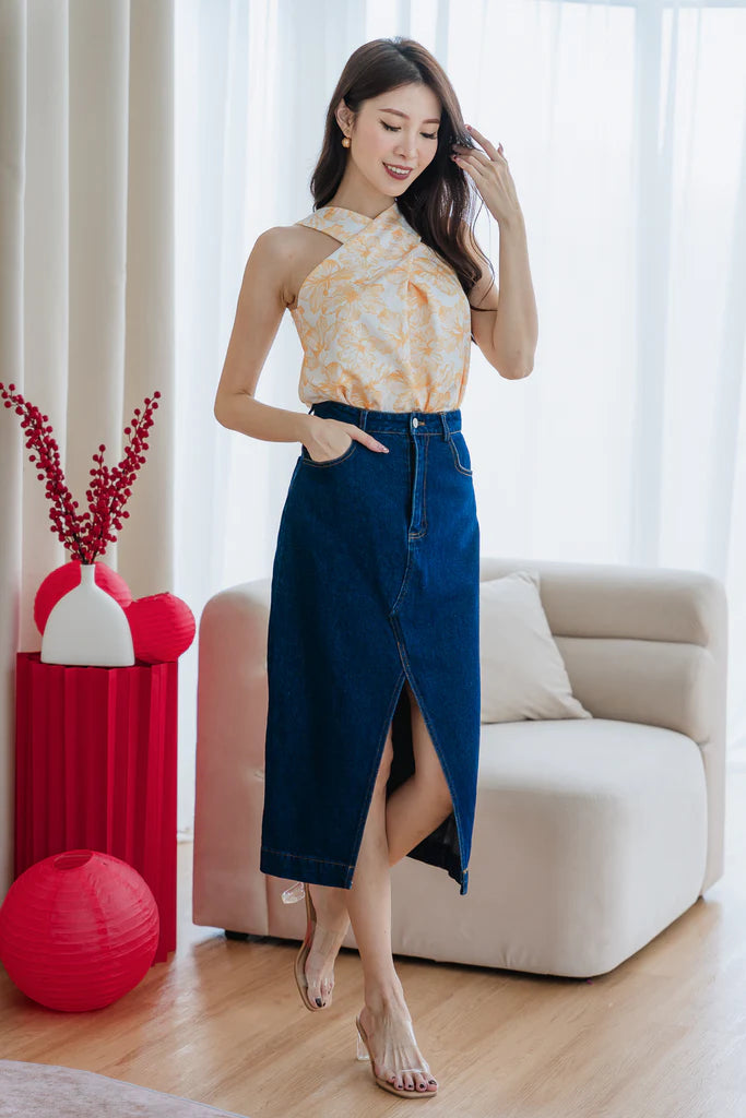 Ciara Denim High Slit Skirt - Dark Washed