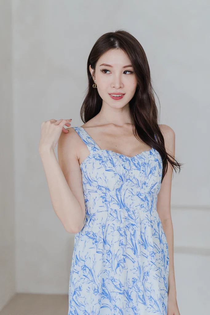 Cherrie-Bloom Emboss Porcelain Bustier Midi Dress - Blue