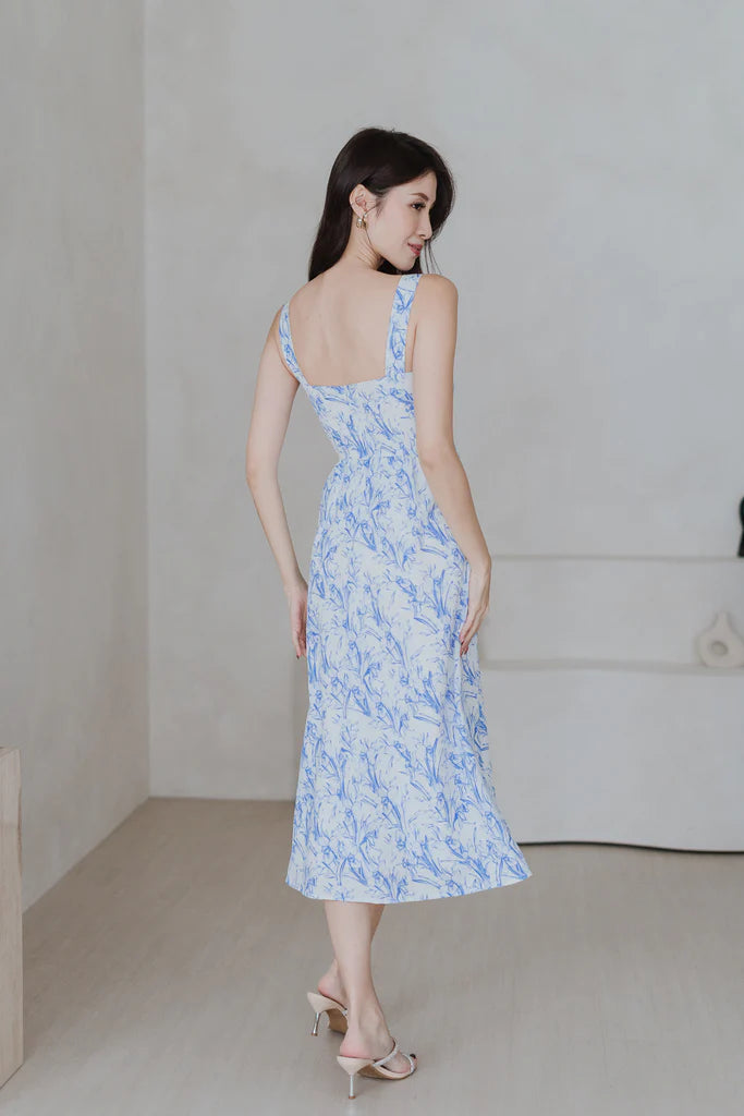 Cherrie-Bloom Emboss Porcelain Bustier Midi Dress - Blue