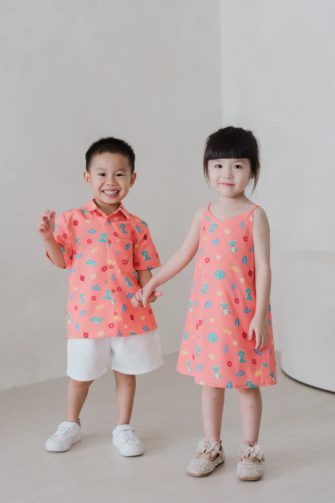 Mini Dragon Family 2way Kids Dress - Peach Coral