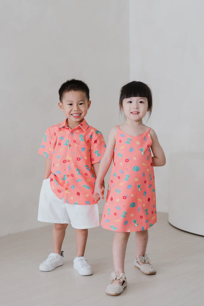Mini Dragon Family 2way Kids Dress - Peach Coral