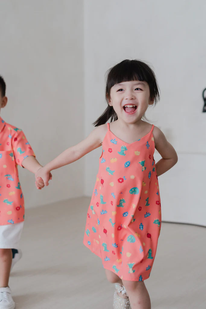 Mini Dragon Family 2way Kids Dress - Peach Coral