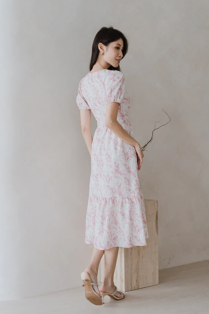 Cherrie-Bloom Emboss Porcelain Button Dress - Pink