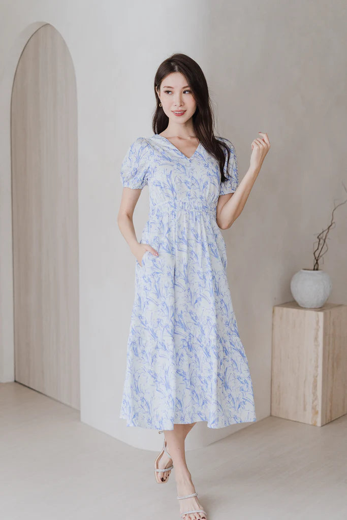 Cherrie-Bloom Emboss Porcelain Button Dress - Blue