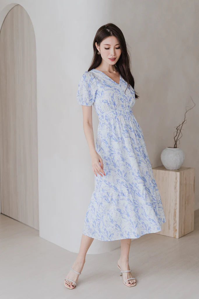 Cherrie-Bloom Emboss Porcelain Button Dress - Blue
