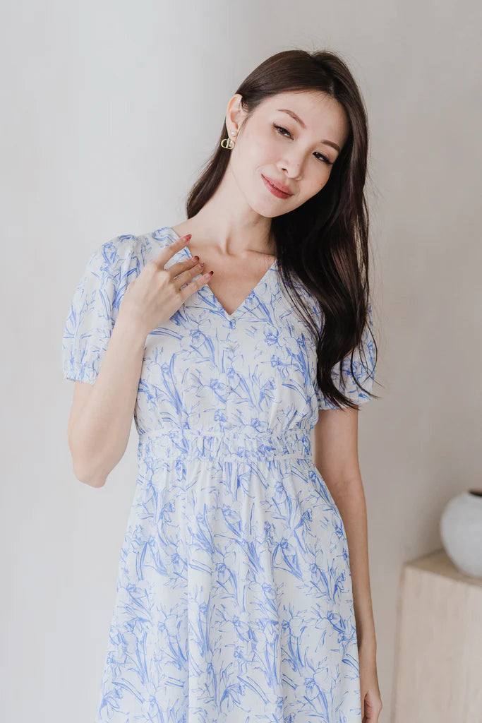 Cherrie-Bloom Emboss Porcelain Button Dress - Blue