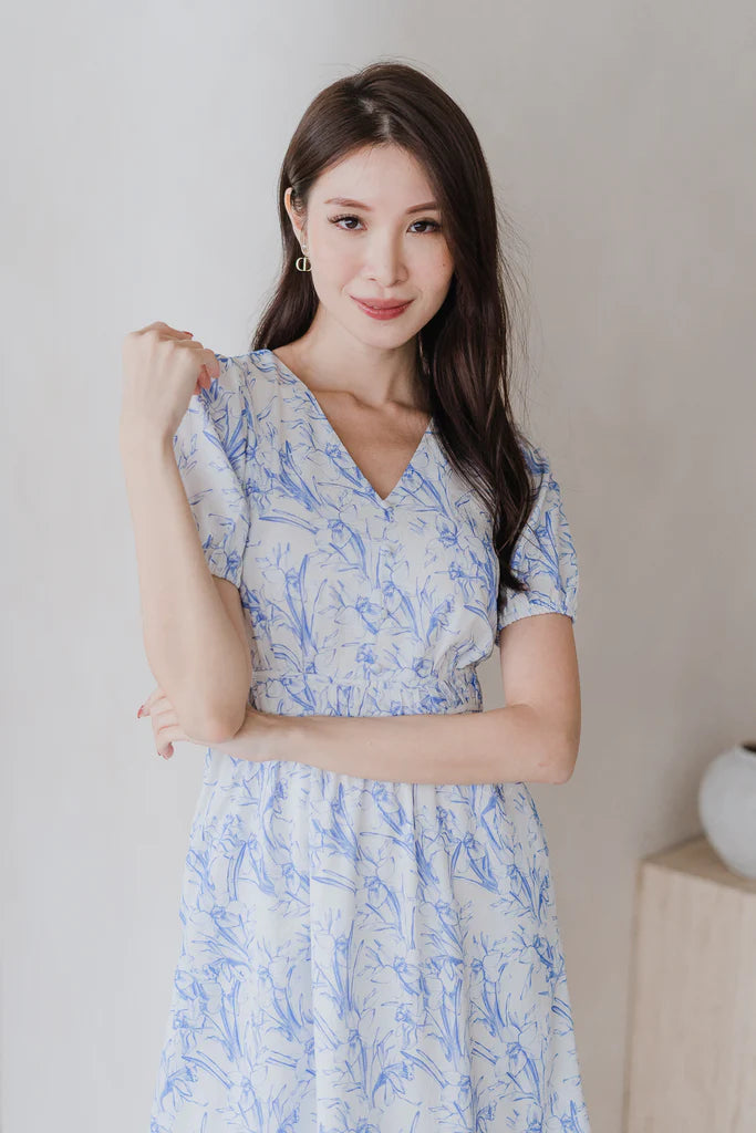 Cherrie-Bloom Emboss Porcelain Button Dress - Blue