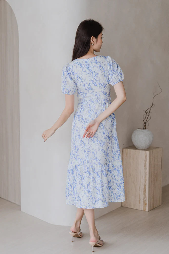 Cherrie-Bloom Emboss Porcelain Button Dress - Blue