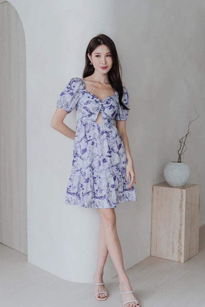 De Fleurs Knot Cut Out Dress Romper - Blue Floral