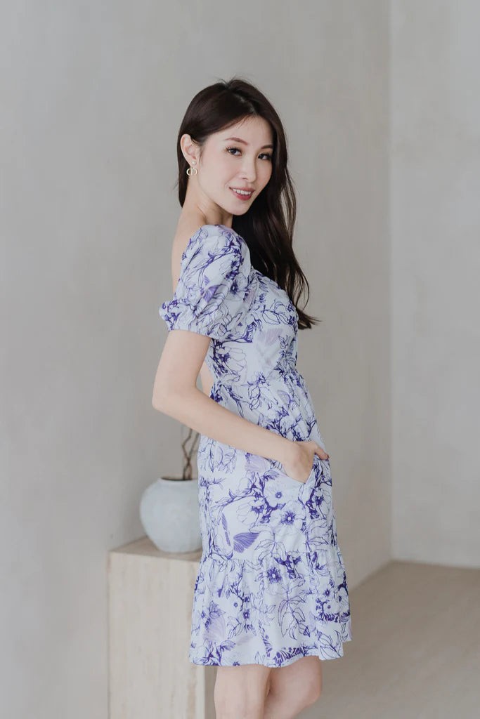 De Fleurs Knot Cut Out Dress Romper - Blue Floral