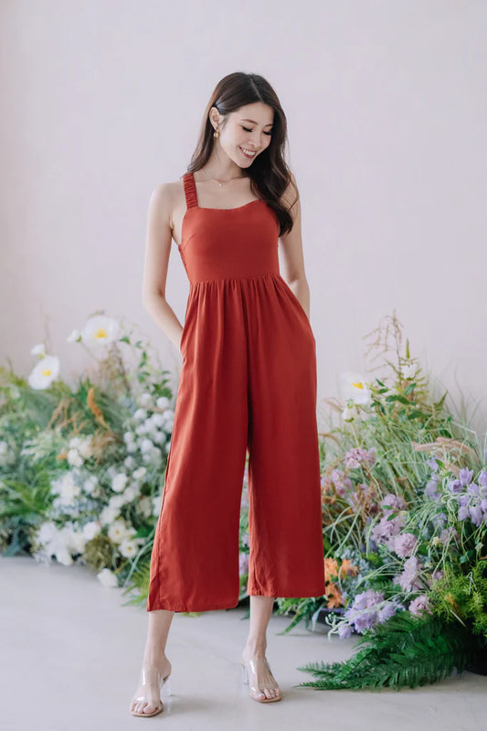 Claudia Padded Cross Back Jumpsuit - Rust Red