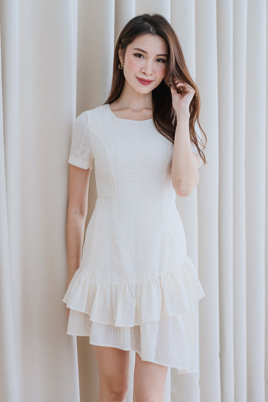 Saddle Eyelet Ruffle Hem Dress - Cream