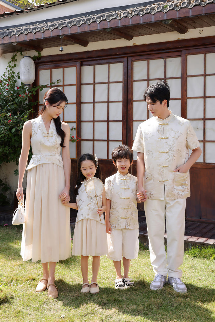 金碧辉煌 Golden Hour Jacquard Girl's Cheongsam Dress - Beige