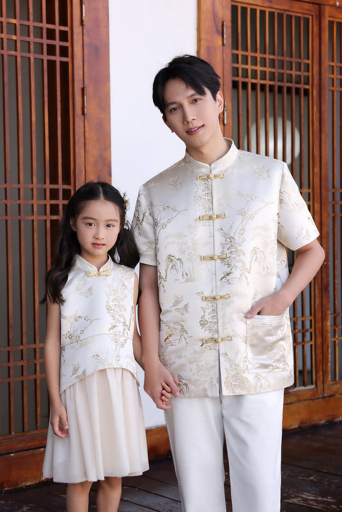 金碧辉煌 Golden Hour Jacquard Girl's Cheongsam Dress - Beige