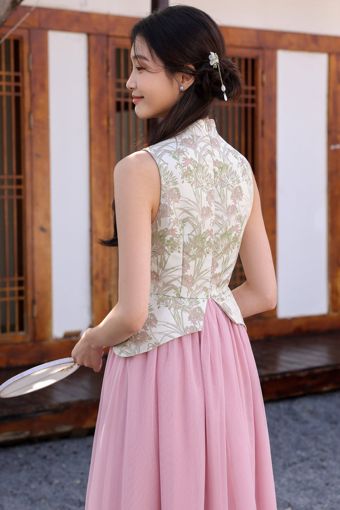 花好月圆 Blissful Jacquard Cheongsam Peplum Dress - Pink