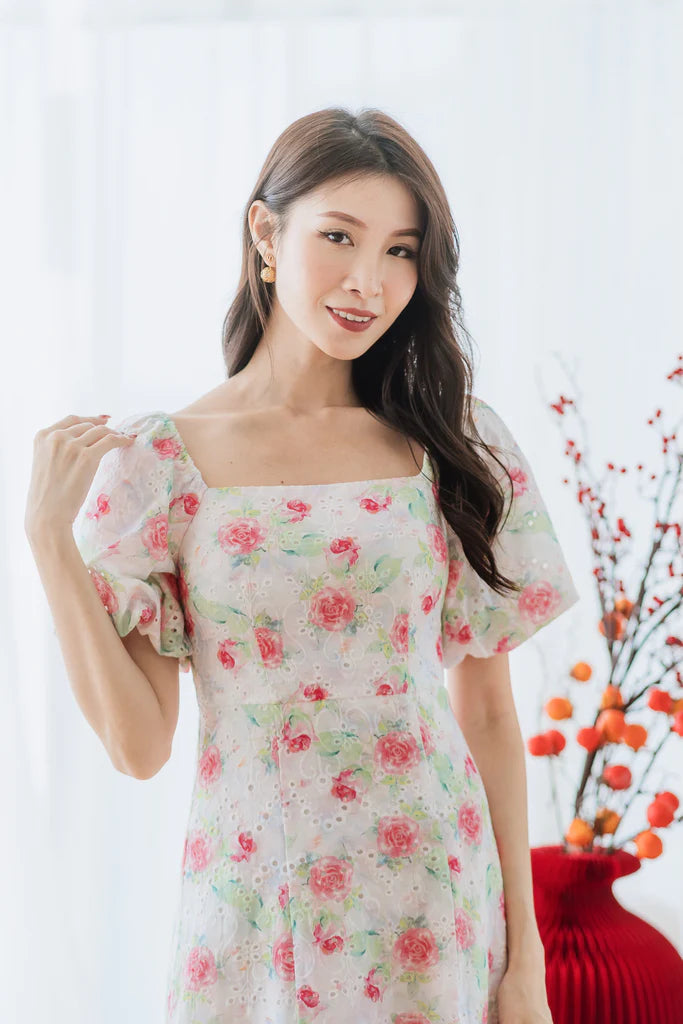 Lunar Eyelet Puffy Sleeves Slit Dress - Misty Rose