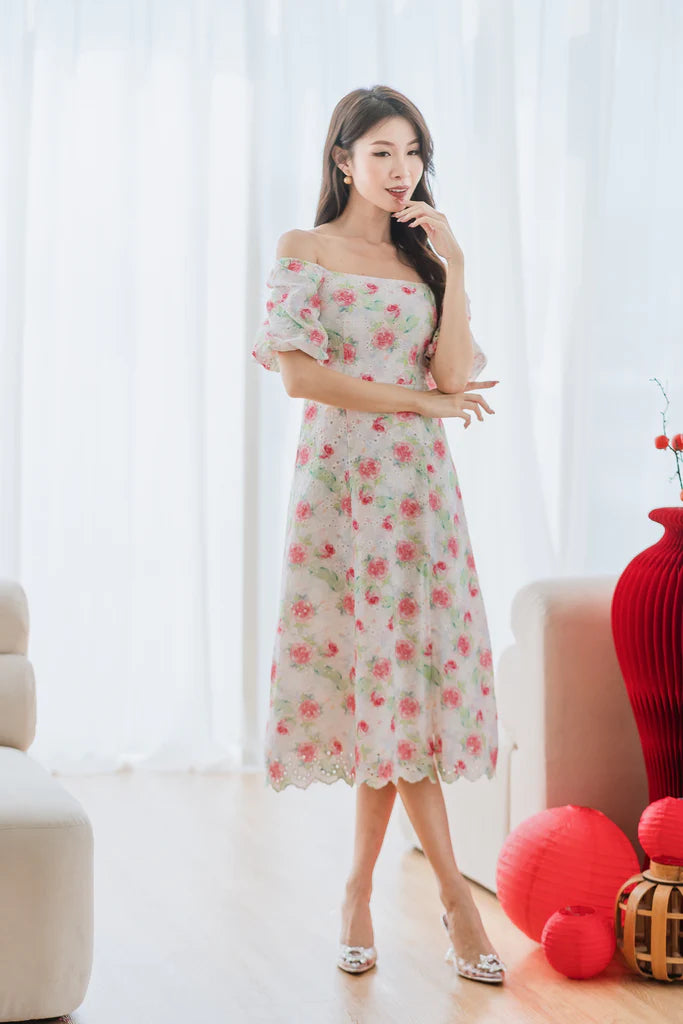 Lunar Eyelet Puffy Sleeves Slit Dress - Misty Rose
