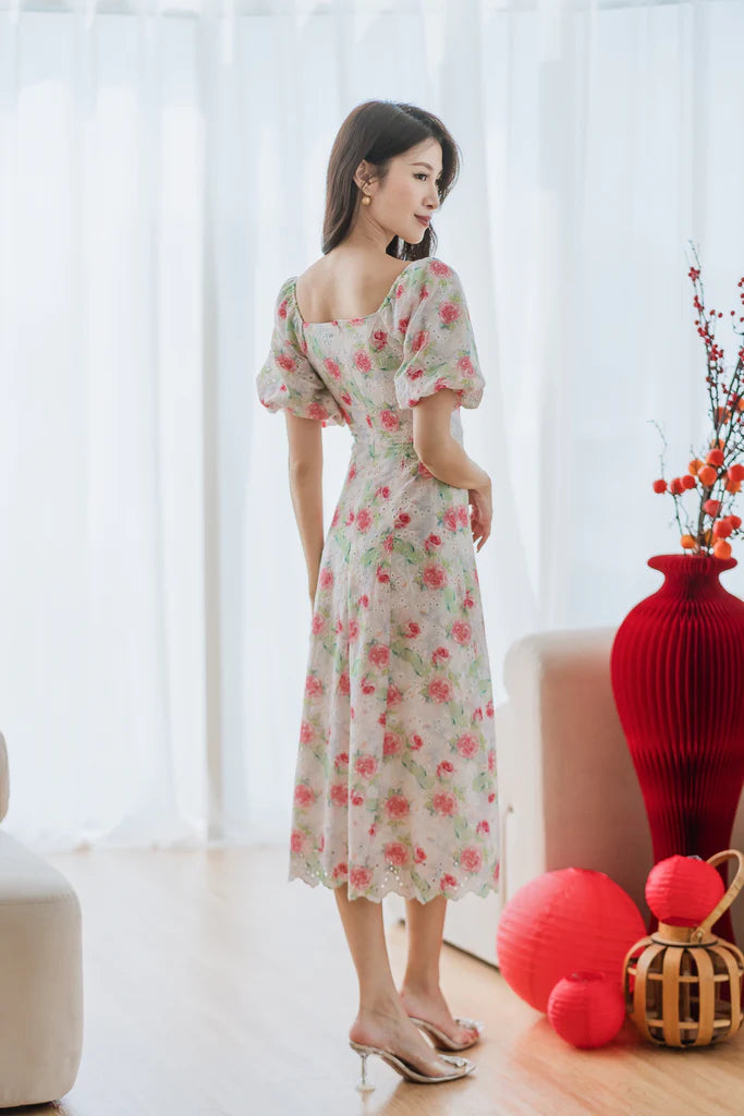 Lunar Eyelet Puffy Sleeves Slit Dress - Misty Rose