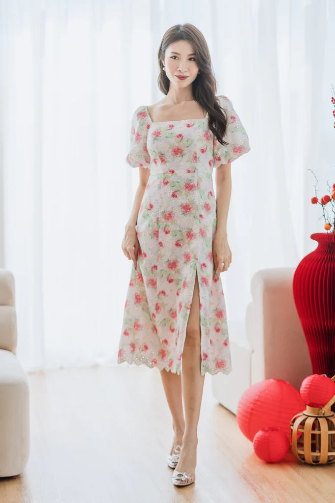 Lunar Eyelet Puffy Sleeves Slit Dress - Misty Rose