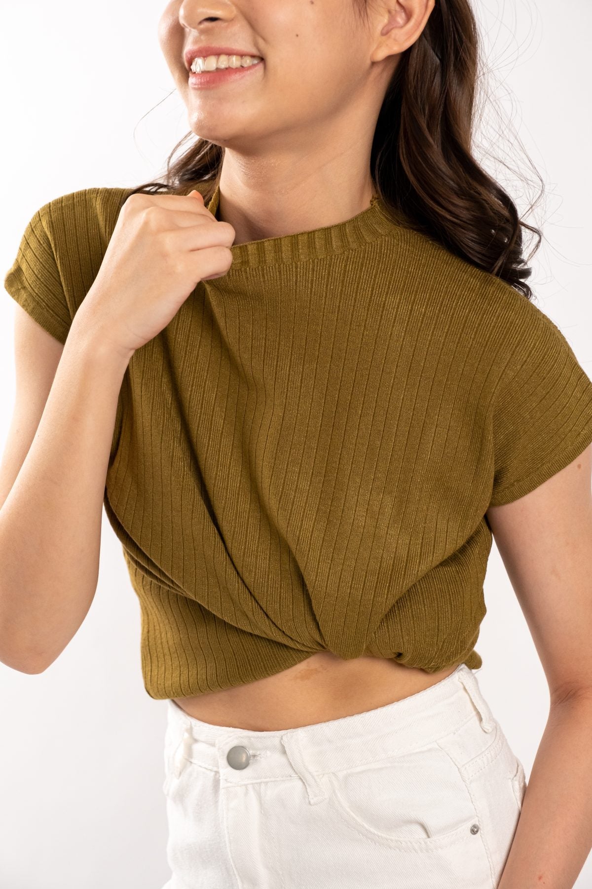 Luna Mock Neck Knit Top (Army Green)