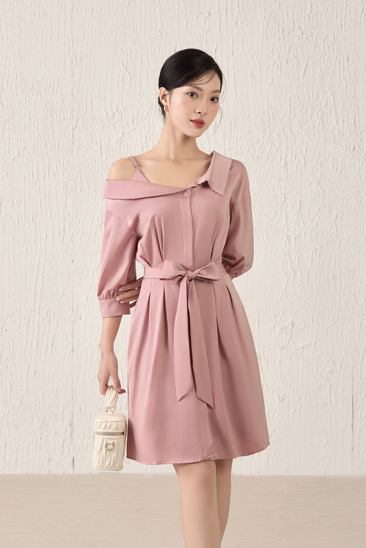 Crystal Sateen Asymmetrical Collar Dress