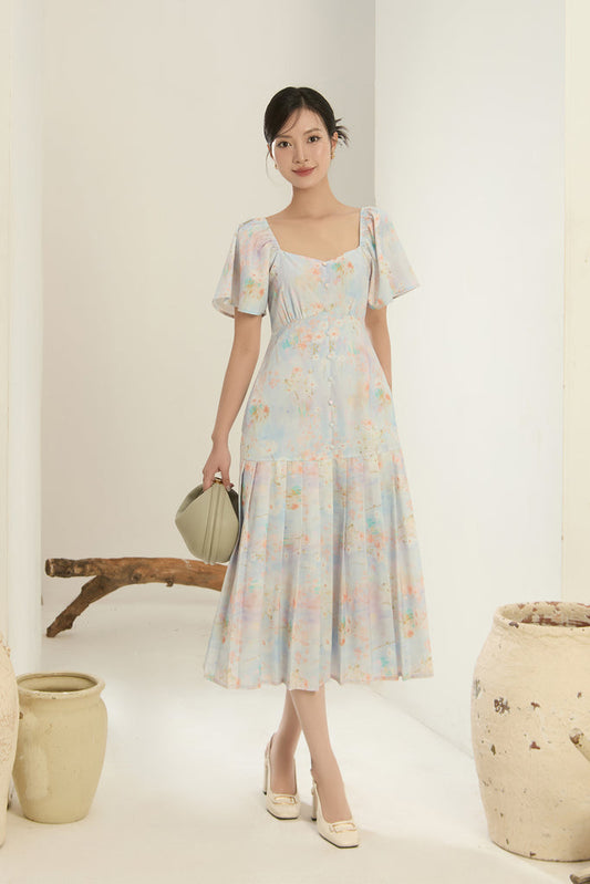 Song Of Spring Floral Pleated Buttons Dress - Light Blue