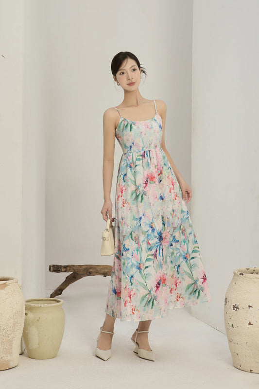 Bianca Padded Watercolour Strap Back Maxi Dress