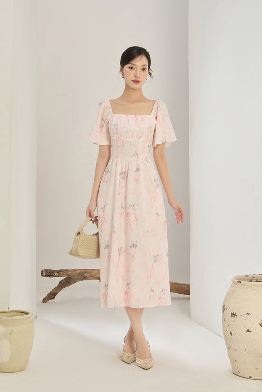Lucy Flutter Sleeves Corset Midi Dress - Pink Floral
