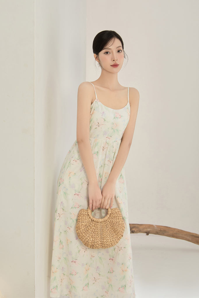 Bianca Padded Watercolour Strap Back Maxi Dress - Pastel Green