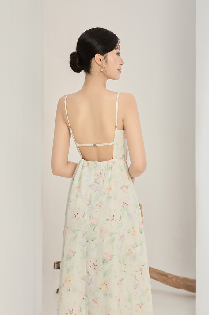 Bianca Padded Watercolour Strap Back Maxi Dress - Pastel Green