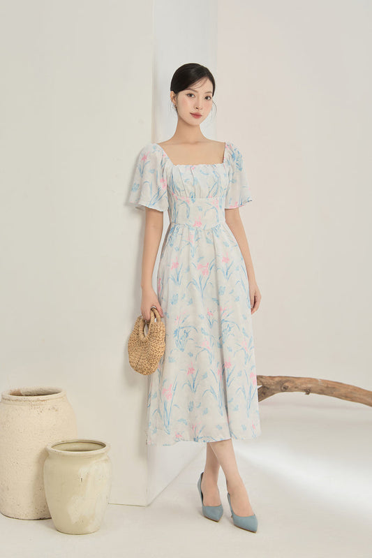 Lucy Flutter Sleeves Corset Midi Dress - Blue Floral